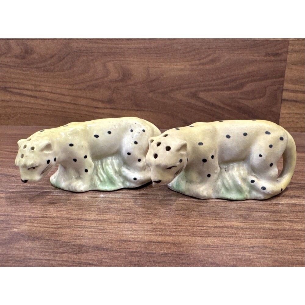 Vintage Leopard Cheetah Salt & Pepper Shakers Yellow Black Spots Matte Japan